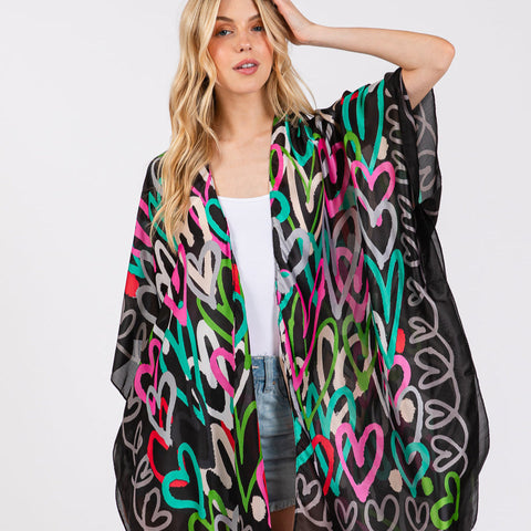 Multi Color Heart Pattern Print Kimono